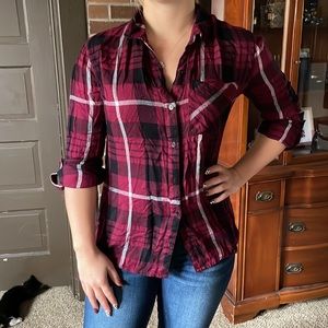 Pink white and black plad shirt